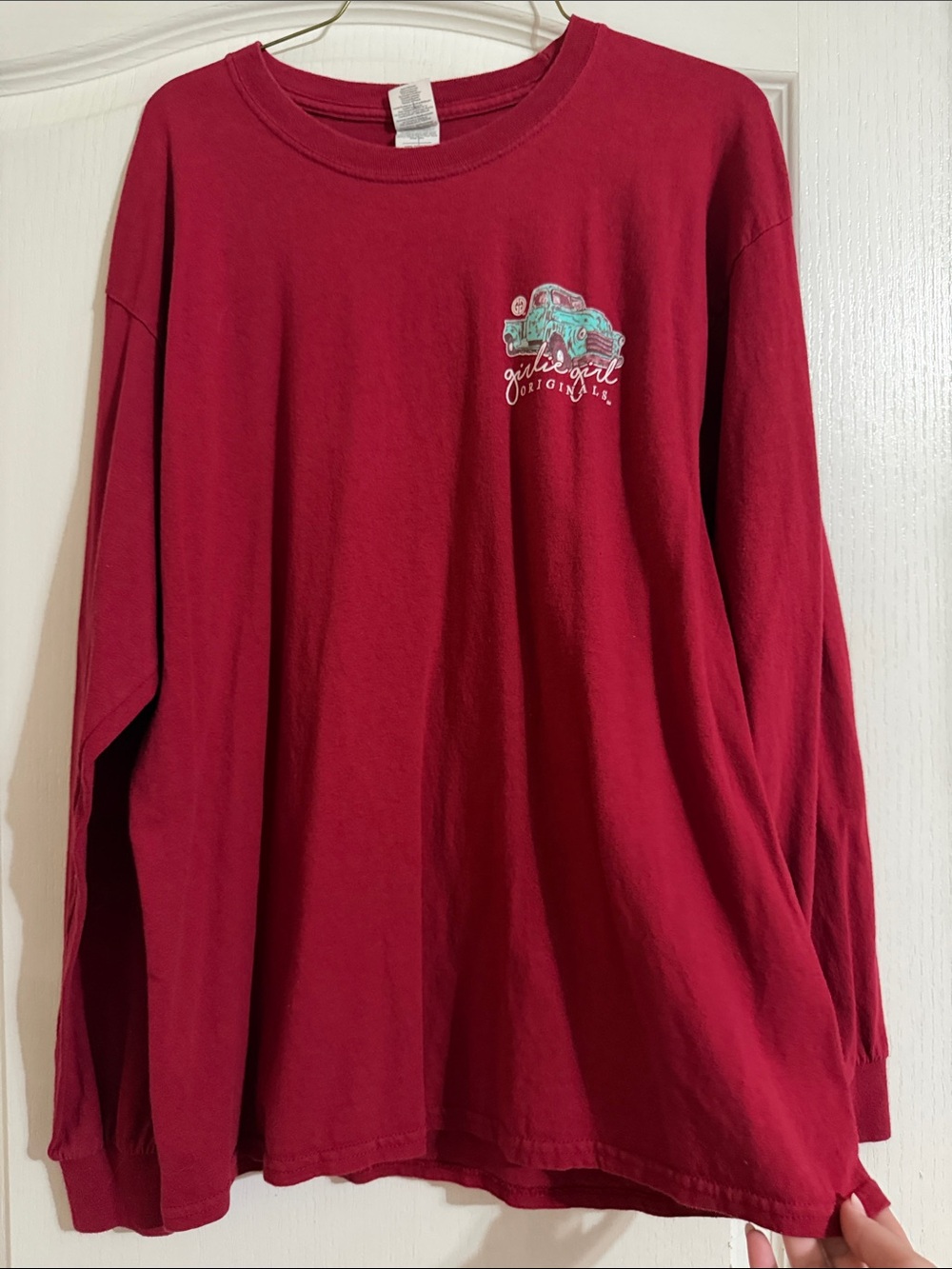 Gildan Long-Sleeve Tee in Deep Red with Teal Truck Graphic